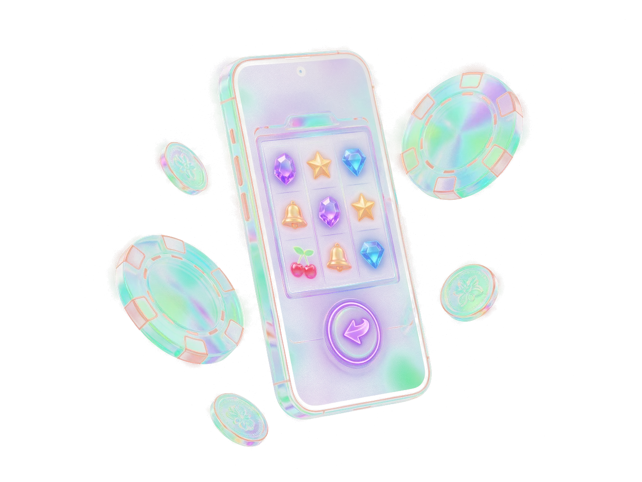 A phone showing a slot-style game with gems, stars and bells, surrounded by game tokens