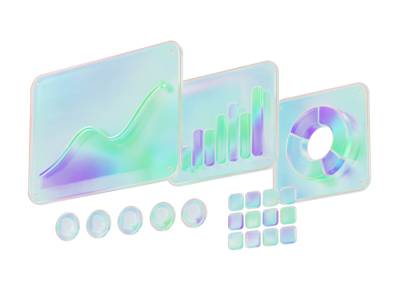 Glass panels with a line chart, a bar chart and a ring chart, with player tokens and calendar tiles